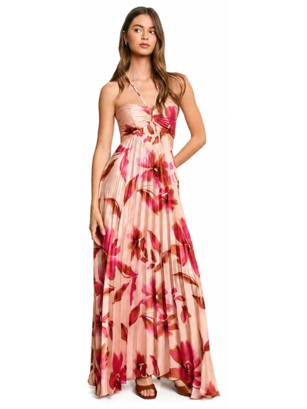 Floral Metal Trim Pleated Cutout Maxi Dress